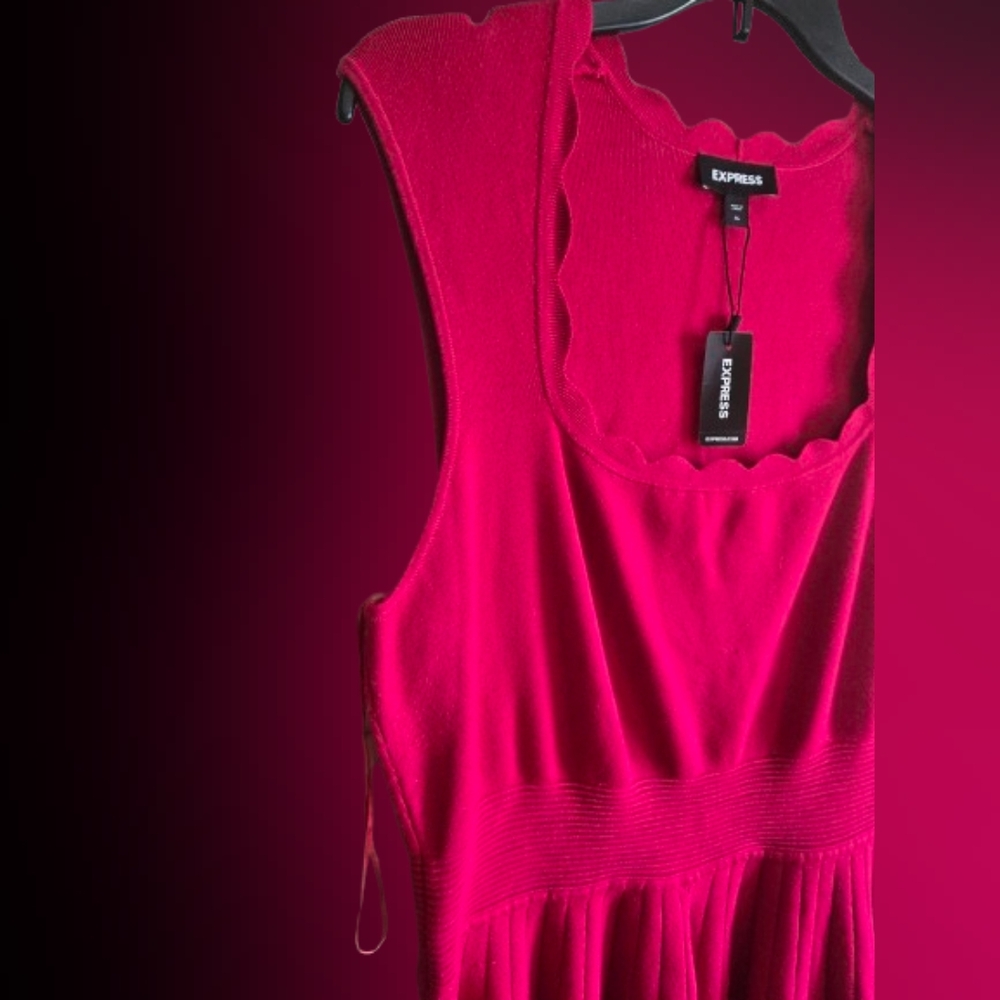 Express Red Scallop Neck Fit-and-Flare Dress - Picture 16 of 16
